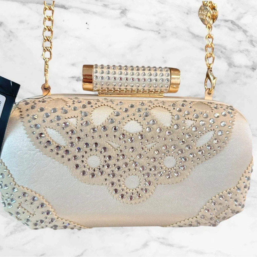 Badgley Mischka Off White Satin Rhinestone Clutch Evening Handbag Chain - Picture 16 of 16